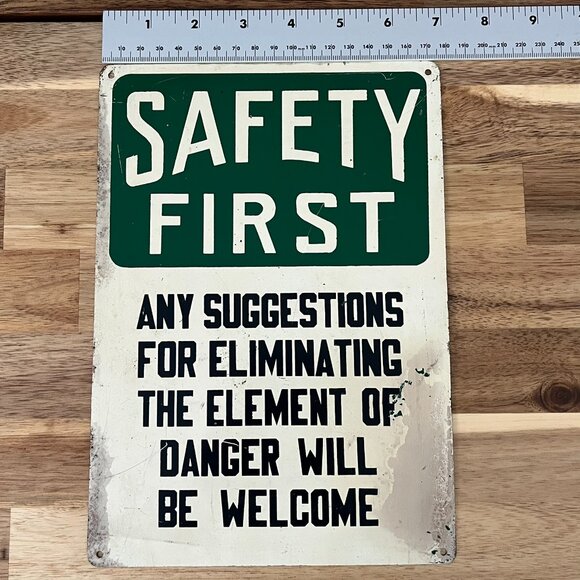 Vtg Safety First Tin Metal Sign Eliminating Danger Industrial Work Advertising - Picture 6 of 7